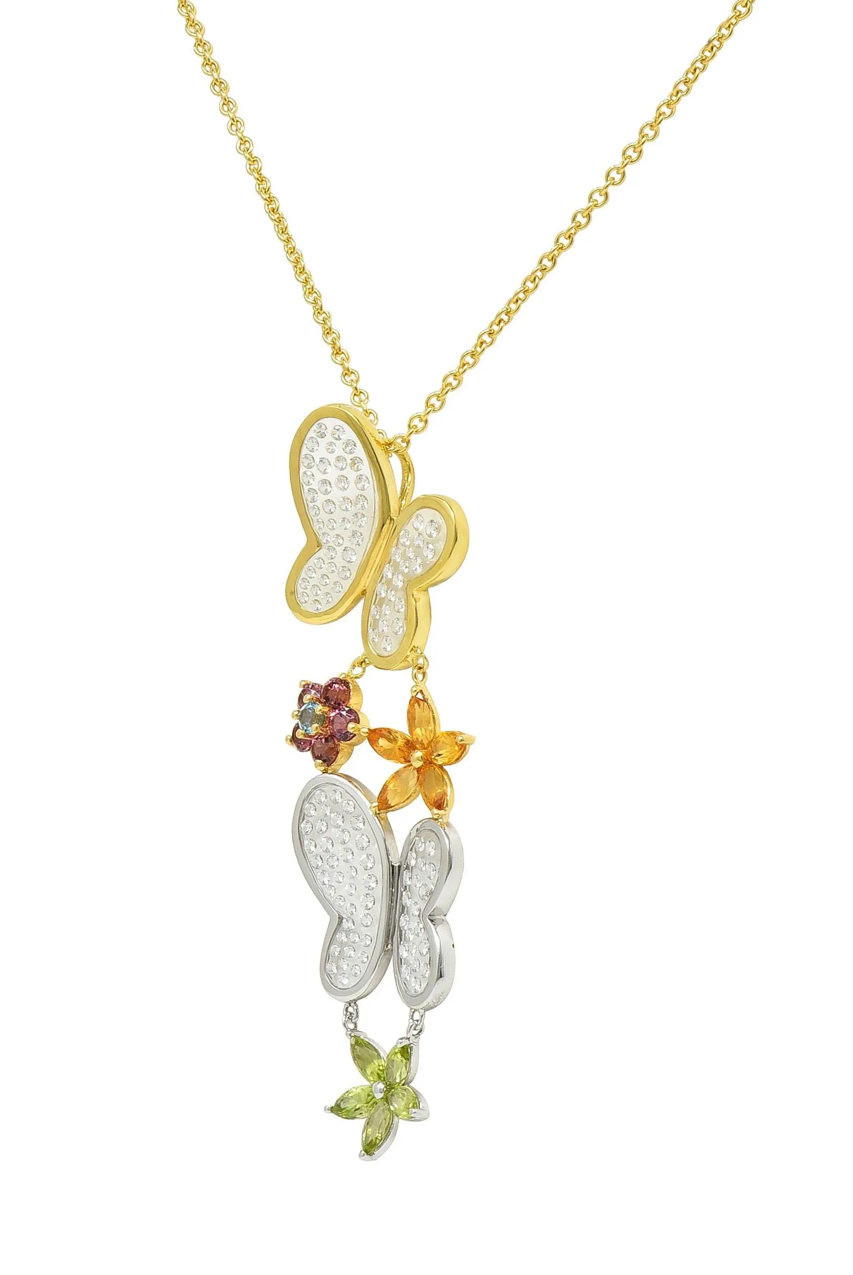 Contemporary Diamond Multi-Gem 18 Karat Two-Tone Gold Flower Butterfly Pendant Necklace