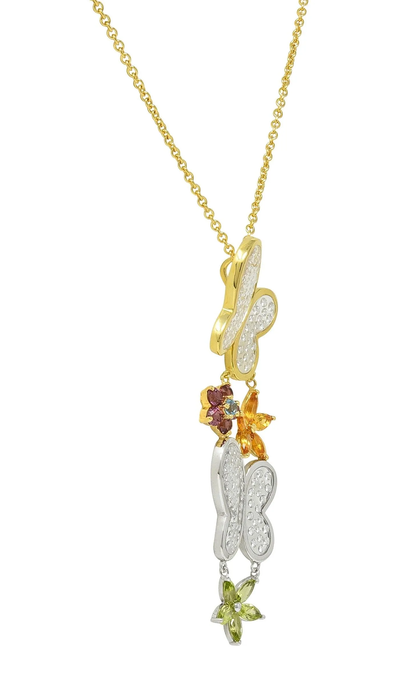 Contemporary Diamond Multi-Gem 18 Karat Two-Tone Gold Flower Butterfly Pendant Necklace