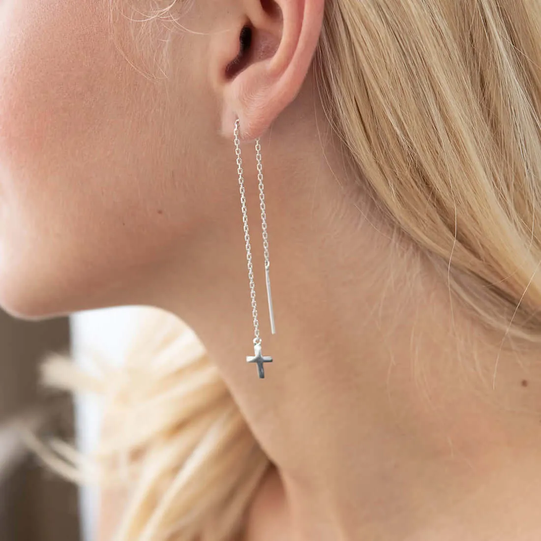 Cross Charm Drop Threader Earrings Silver Jewelry