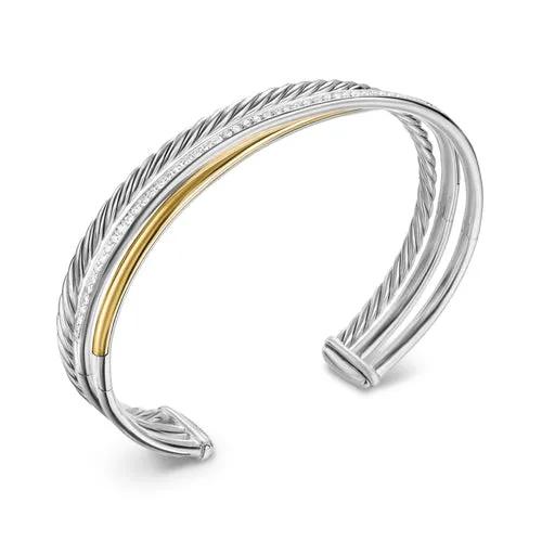 Crossover Three Row Bracelet in Sterling Silver with 18K Yellow Gold and Diamonds, 11mm, Size Large