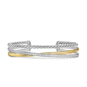 Crossover Three Row Bracelet in Sterling Silver with 18K Yellow Gold and Diamonds, 11mm, Size Large