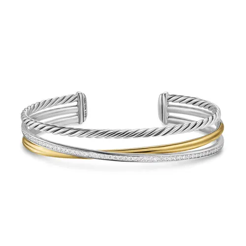 Crossover Three Row Bracelet in Sterling Silver with 18K Yellow Gold and Diamonds, 11mm, Size Large