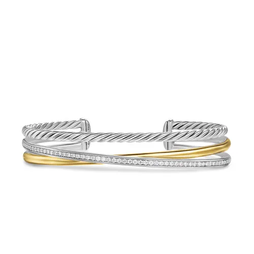 Crossover Three Row Bracelet in Sterling Silver with 18K Yellow Gold and Diamonds, 11mm, Size Large