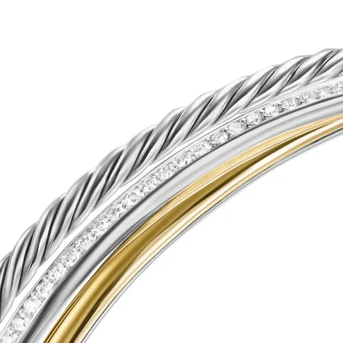 Crossover Three Row Bracelet in Sterling Silver with 18K Yellow Gold and Diamonds, 11mm, Size Large