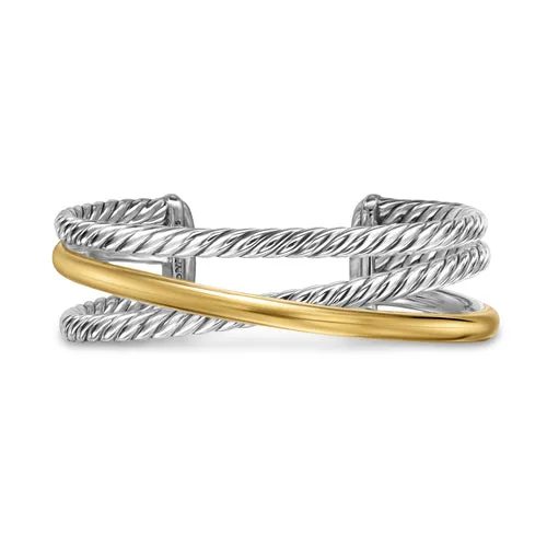 Crossover Three Row Cuff Bracelet in Sterling Silver with 14K Yellow Gold, 20mm, Size Medium