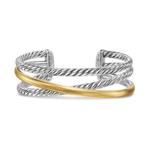 Crossover Three Row Cuff Bracelet in Sterling Silver with 14K Yellow Gold, 20mm, Size Medium
