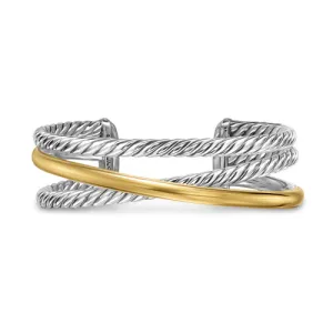Crossover Three Row Cuff Bracelet in Sterling Silver with 14K Yellow Gold, 20mm, Size Medium