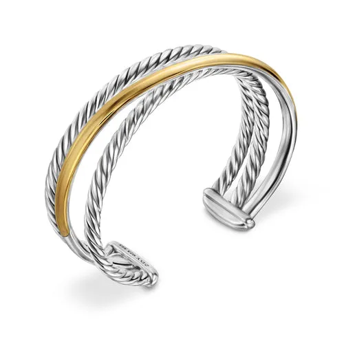 Crossover Three Row Cuff Bracelet in Sterling Silver with 14K Yellow Gold, 20mm, Size Medium