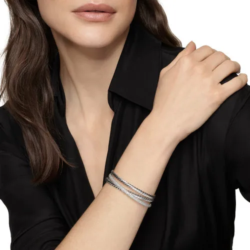 Crossover Three Row Cuff Bracelet in Sterling Silver with Diamonds, 20mm, Size Medium