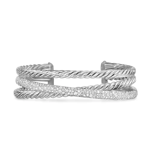 Crossover Three Row Cuff Bracelet in Sterling Silver with Diamonds, 20mm, Size Medium