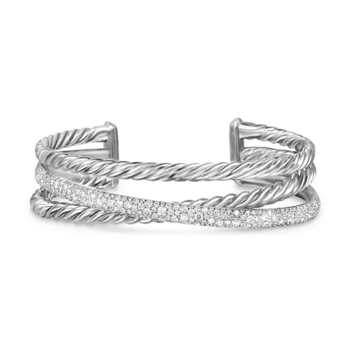 Crossover Three Row Cuff Bracelet in Sterling Silver with Diamonds, 20mm, Size Medium