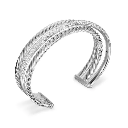 Crossover Three Row Cuff Bracelet in Sterling Silver with Diamonds, 20mm, Size Medium