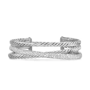 Crossover Three Row Cuff Bracelet in Sterling Silver with Diamonds, 20mm, Size Small