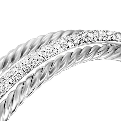 Crossover Three Row Cuff Bracelet in Sterling Silver with Diamonds, 20mm, Size Small