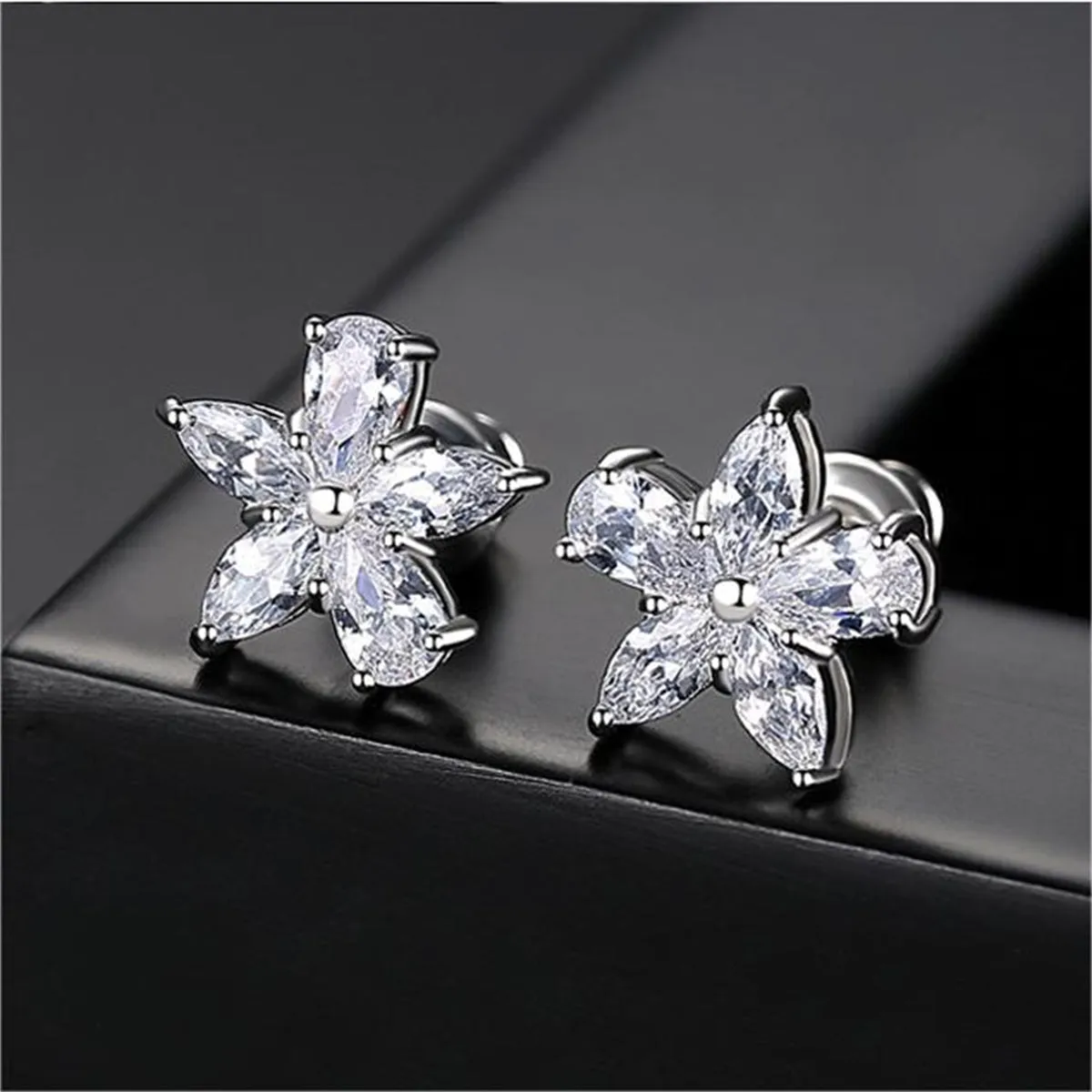 Crystal & Silver-Plated Marquise Pear-Cut Flower Stud Earrings