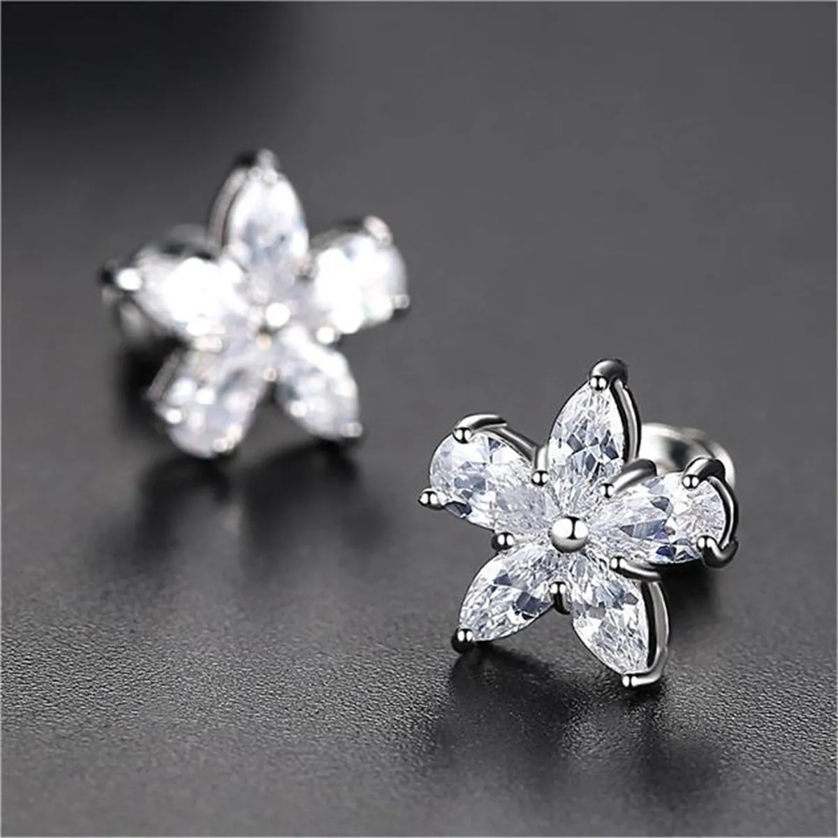 Crystal & Silver-Plated Marquise Pear-Cut Flower Stud Earrings
