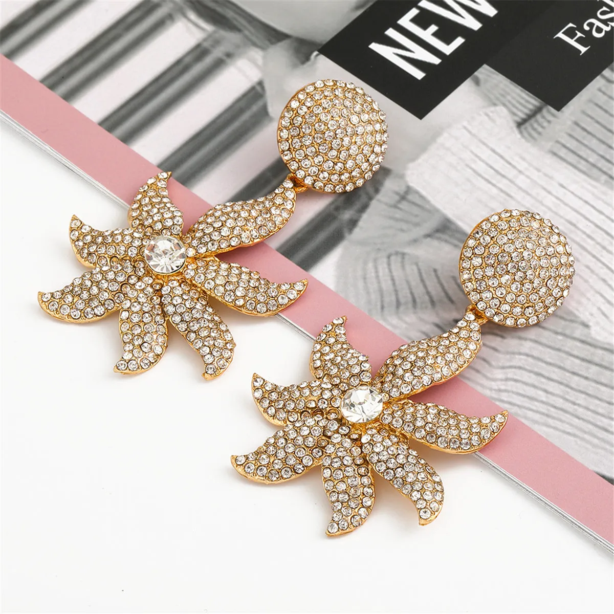 Cubic Zirconia 18K Gold-Plated Flower Drop Earrings