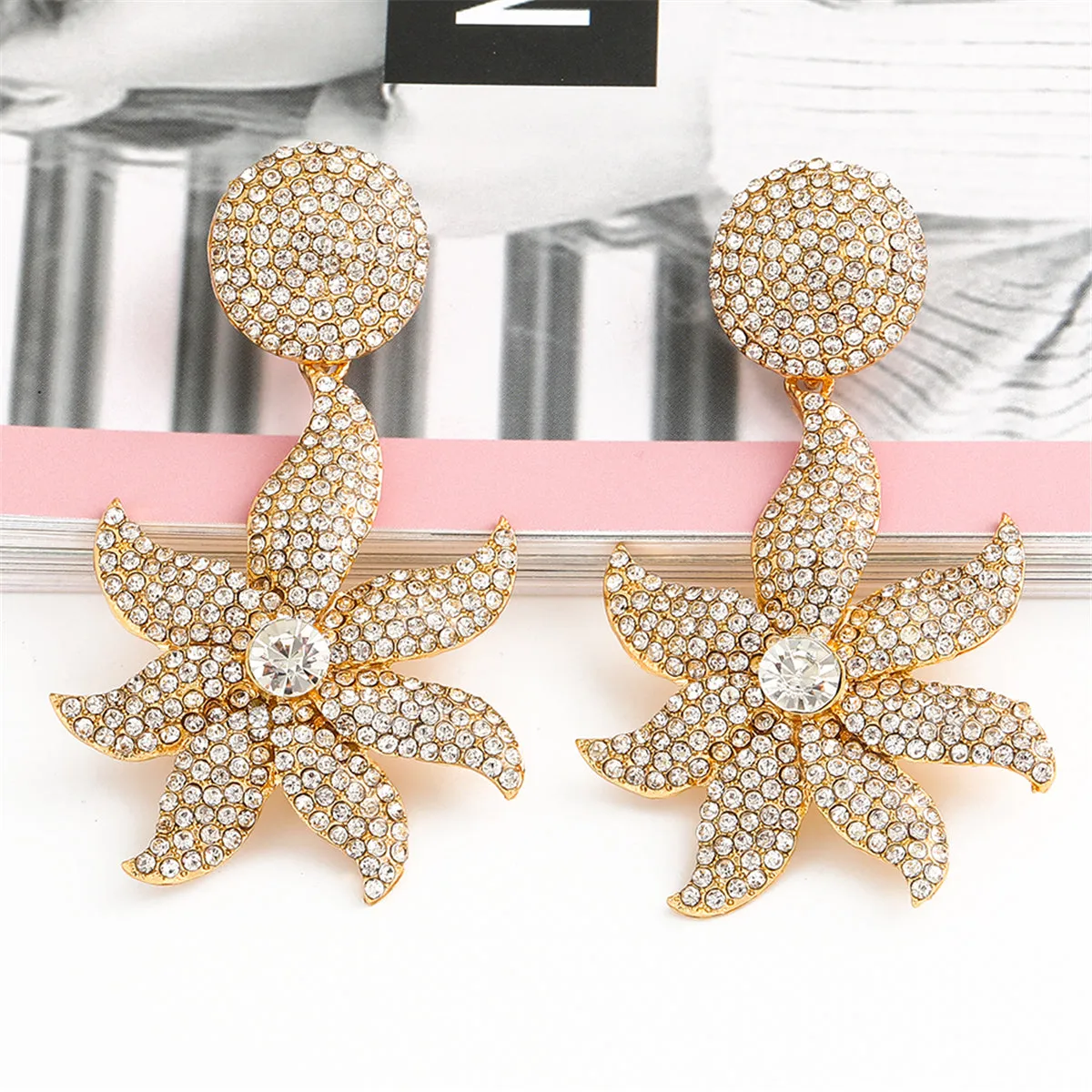 Cubic Zirconia 18K Gold-Plated Flower Drop Earrings