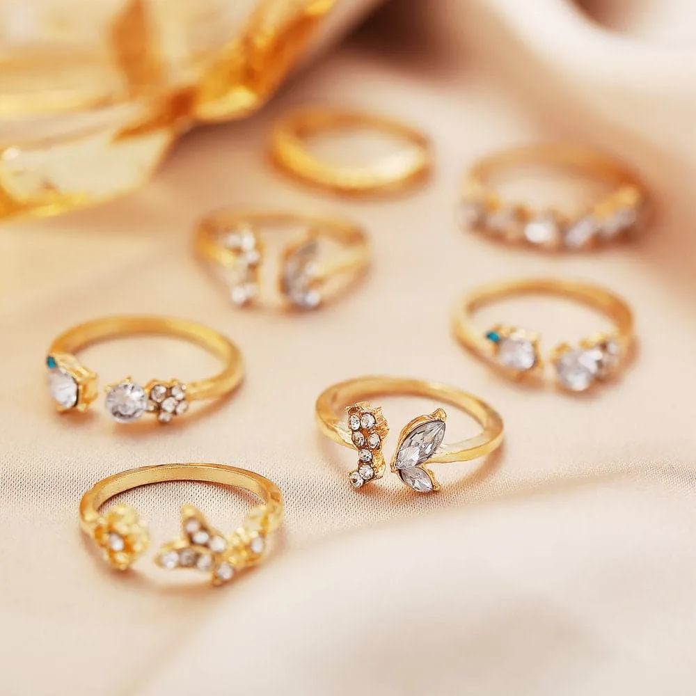 Cubic Zirconia & 18K Gold-Plated Butterfly Floral Ring Set