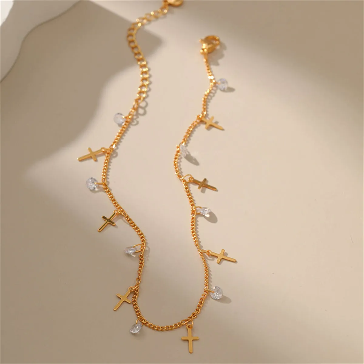 Cubic Zirconia & 18K Gold-Plated Cross Station Anklet