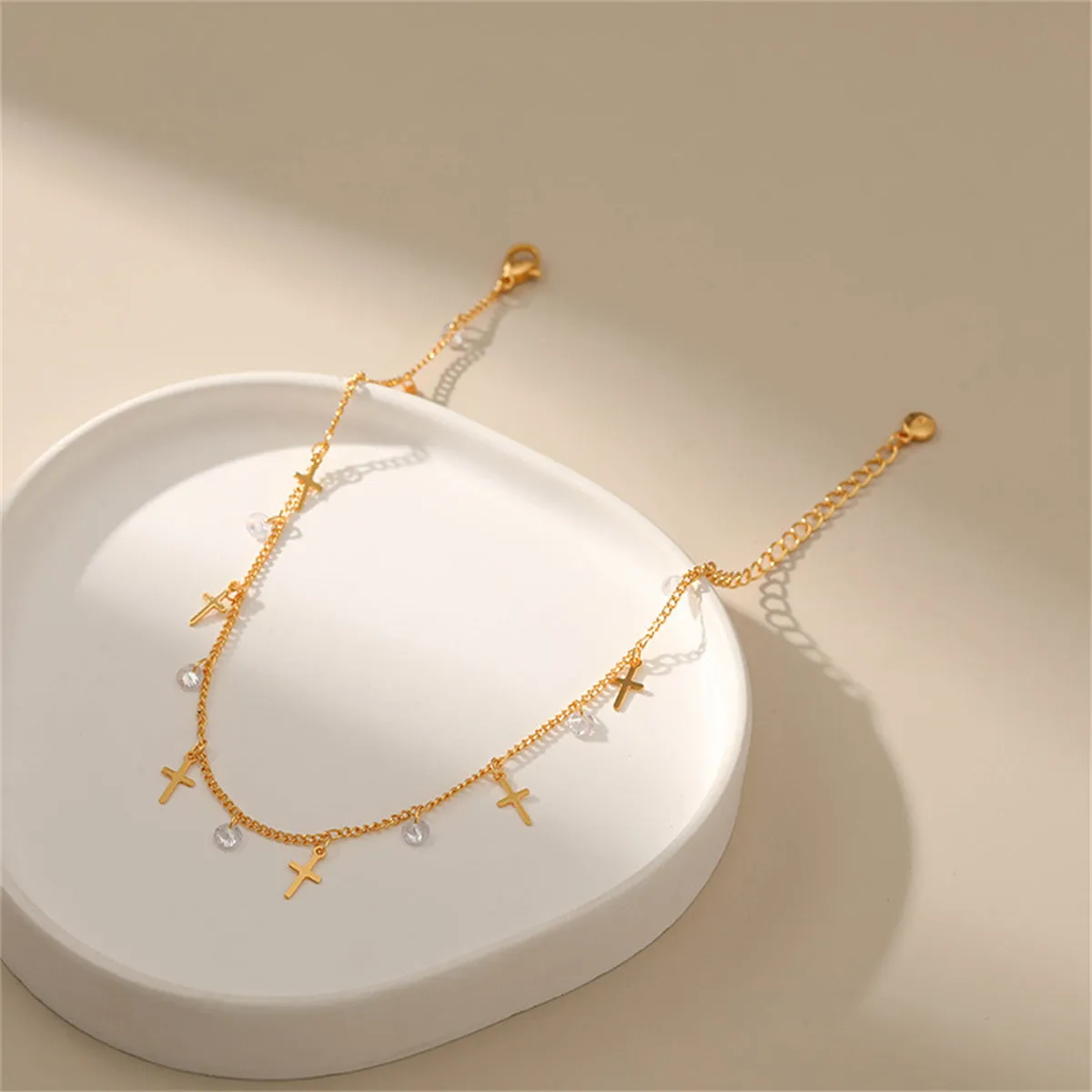 Cubic Zirconia & 18K Gold-Plated Cross Station Anklet