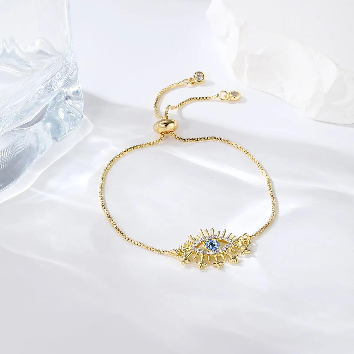 Cubic Zirconia & 18K Gold-Plated Eye Charm Adjustable Bracelet