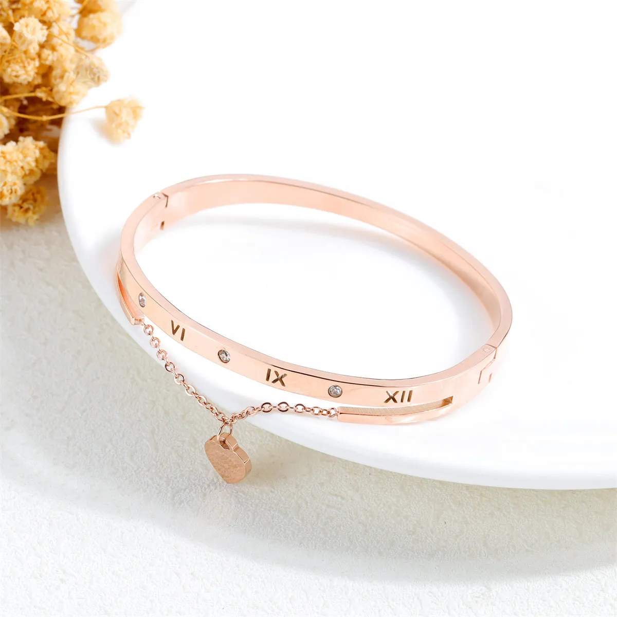 Cubic Zirconia & 18K Rose Gold-Plated Heart Layered Bangle