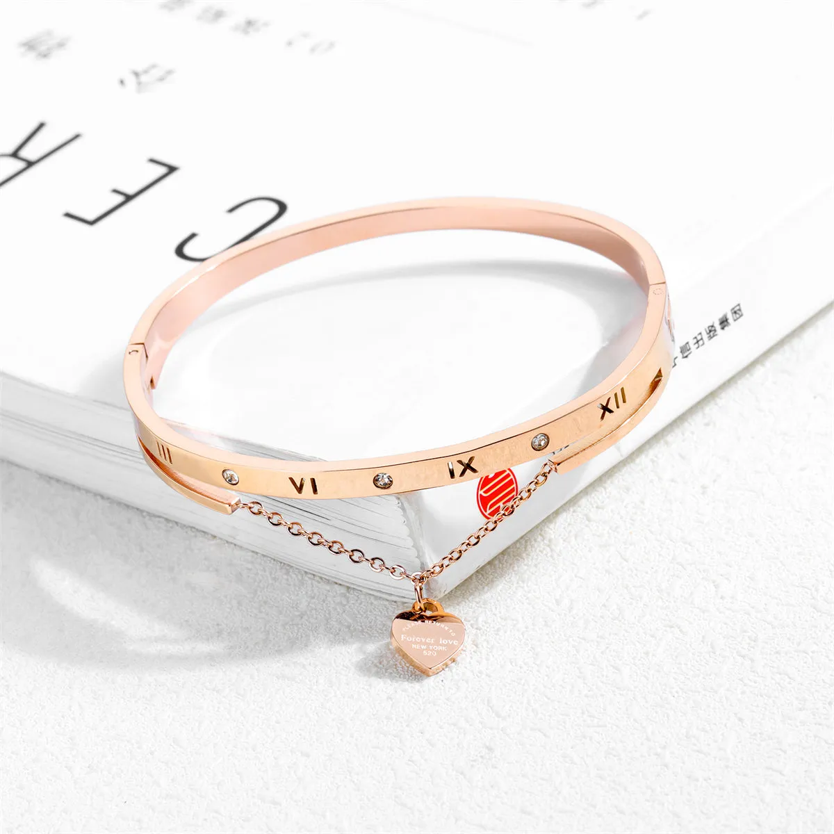 Cubic Zirconia & 18K Rose Gold-Plated Heart Layered Bangle
