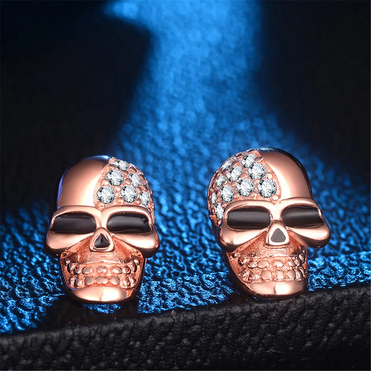 Cubic Zirconia & 18K Rose Gold-Plated Skull Stud Earrings