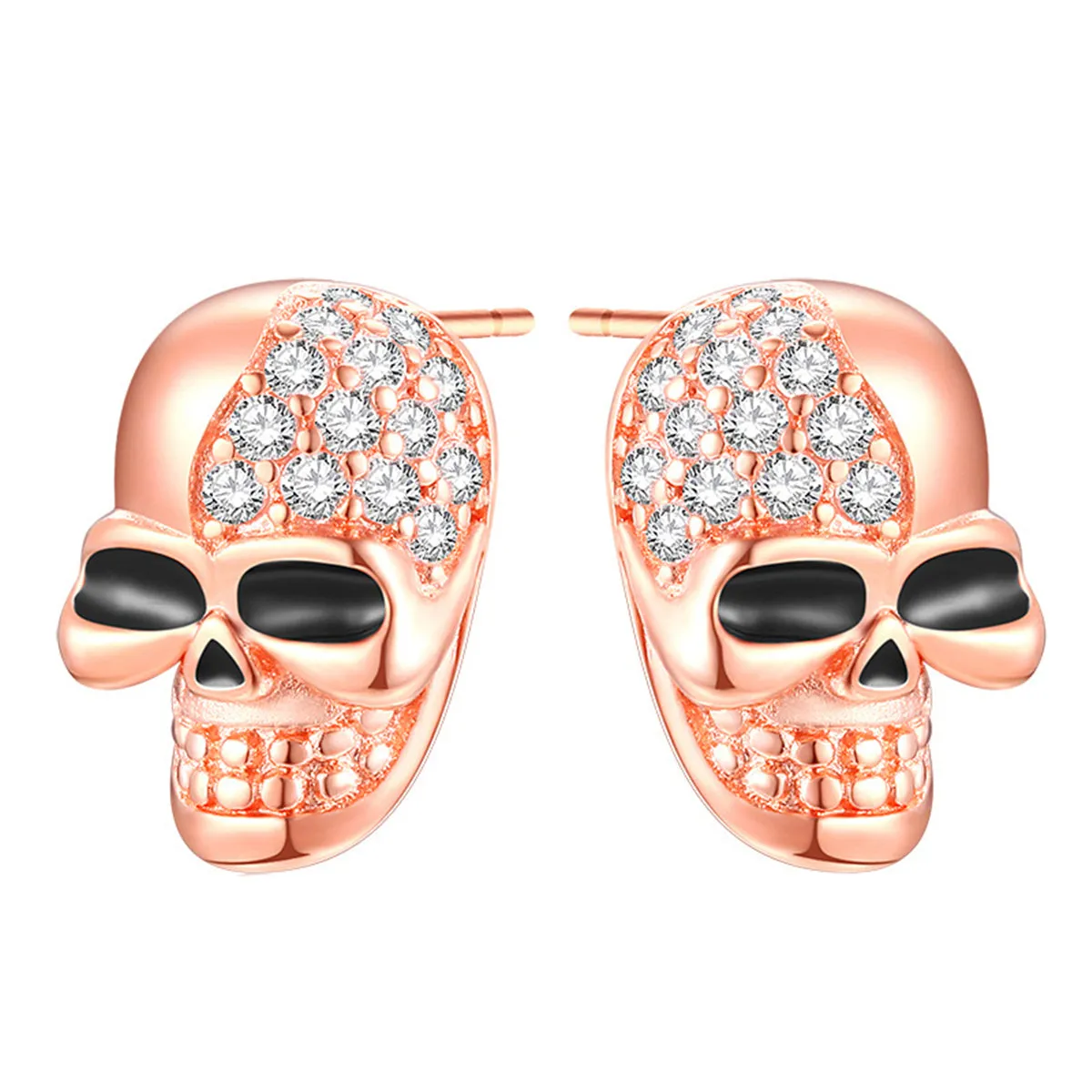 Cubic Zirconia & 18K Rose Gold-Plated Skull Stud Earrings