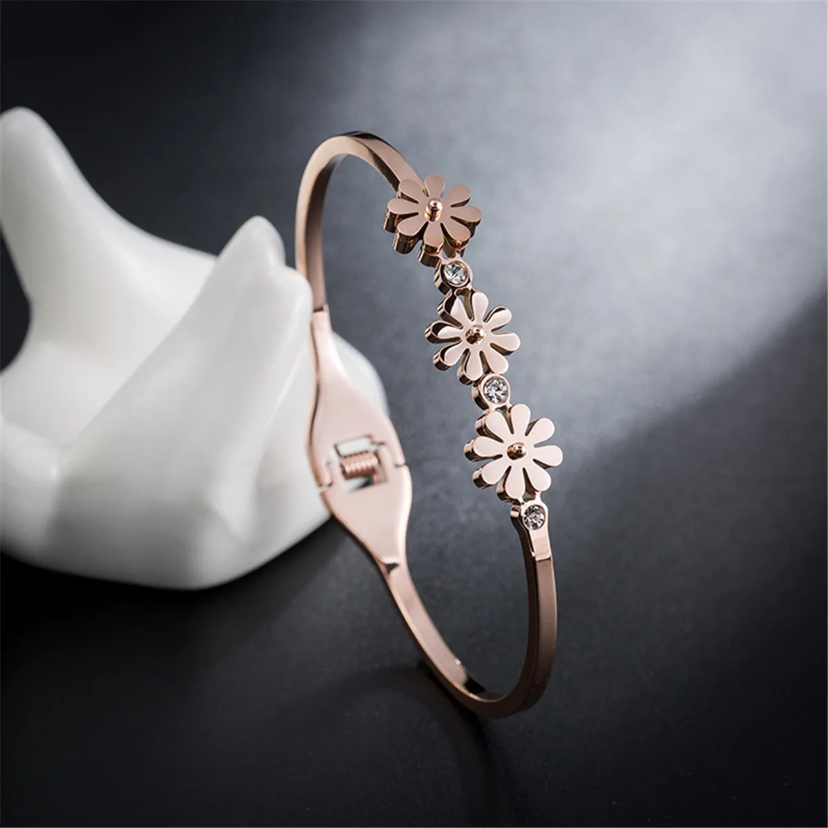 Cubic Zirconia & 18K Rose Gold-Plated Triple Mum Hinge Bangle