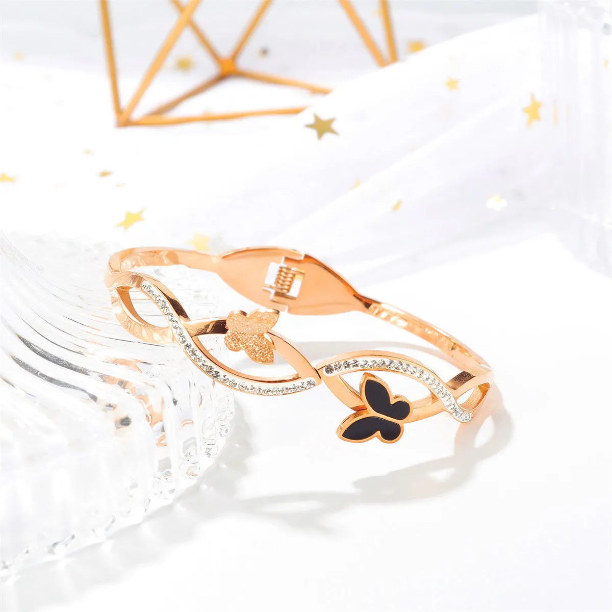 Cubic Zirconia & Black Acrylic 18K Rose Gold-Plated Frosted Butterfly Wave Bangle