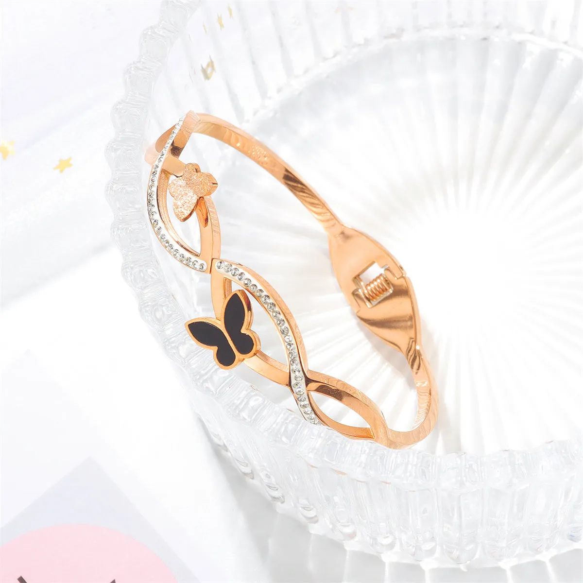Cubic Zirconia & Black Acrylic 18K Rose Gold-Plated Frosted Butterfly Wave Bangle