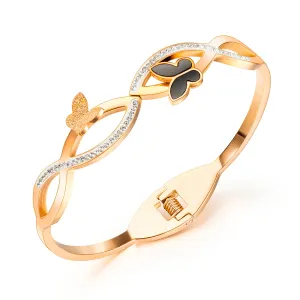 Cubic Zirconia & Black Acrylic 18K Rose Gold-Plated Frosted Butterfly Wave Bangle