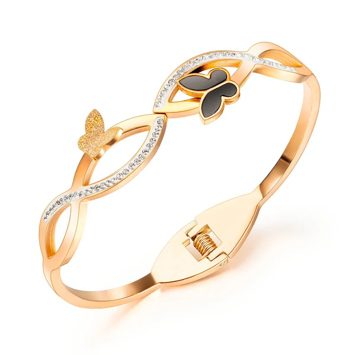 Cubic Zirconia & Black Acrylic 18K Rose Gold-Plated Frosted Butterfly Wave Bangle