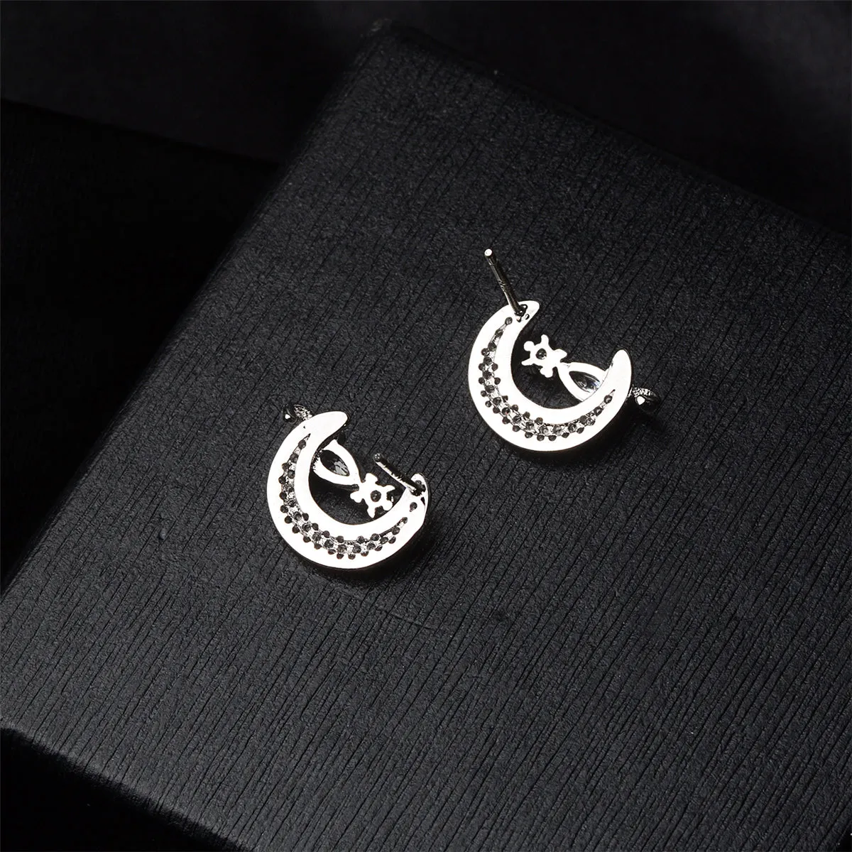 Cubic Zirconia & Crystal Silver-Plated Moon & Kitty Stud Earrings