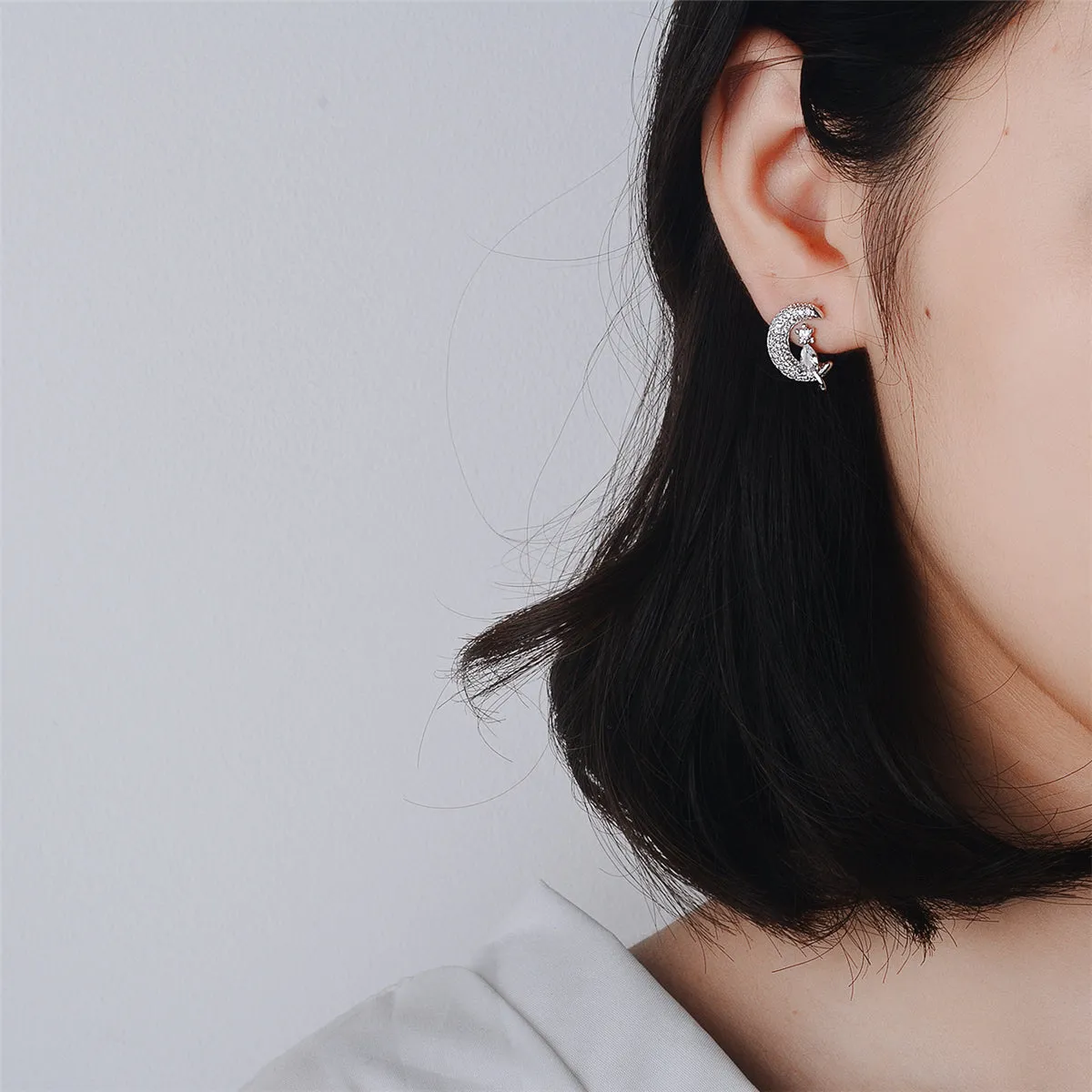 Cubic Zirconia & Crystal Silver-Plated Moon & Kitty Stud Earrings