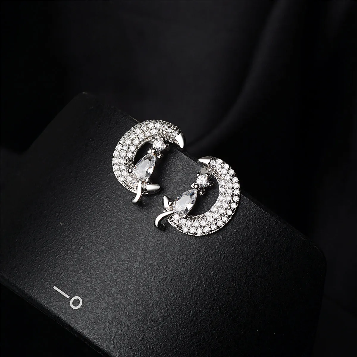Cubic Zirconia & Crystal Silver-Plated Moon & Kitty Stud Earrings