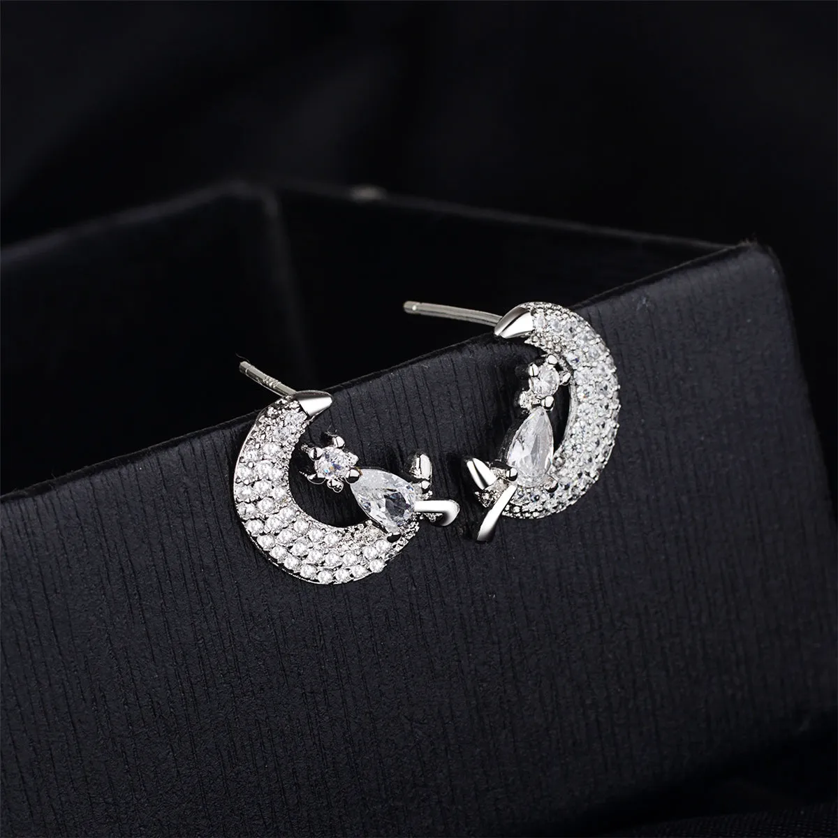 Cubic Zirconia & Crystal Silver-Plated Moon & Kitty Stud Earrings