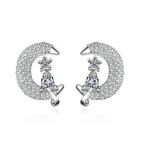 Cubic Zirconia & Crystal Silver-Plated Moon & Kitty Stud Earrings
