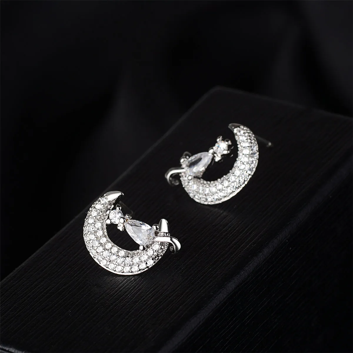 Cubic Zirconia & Crystal Silver-Plated Moon & Kitty Stud Earrings