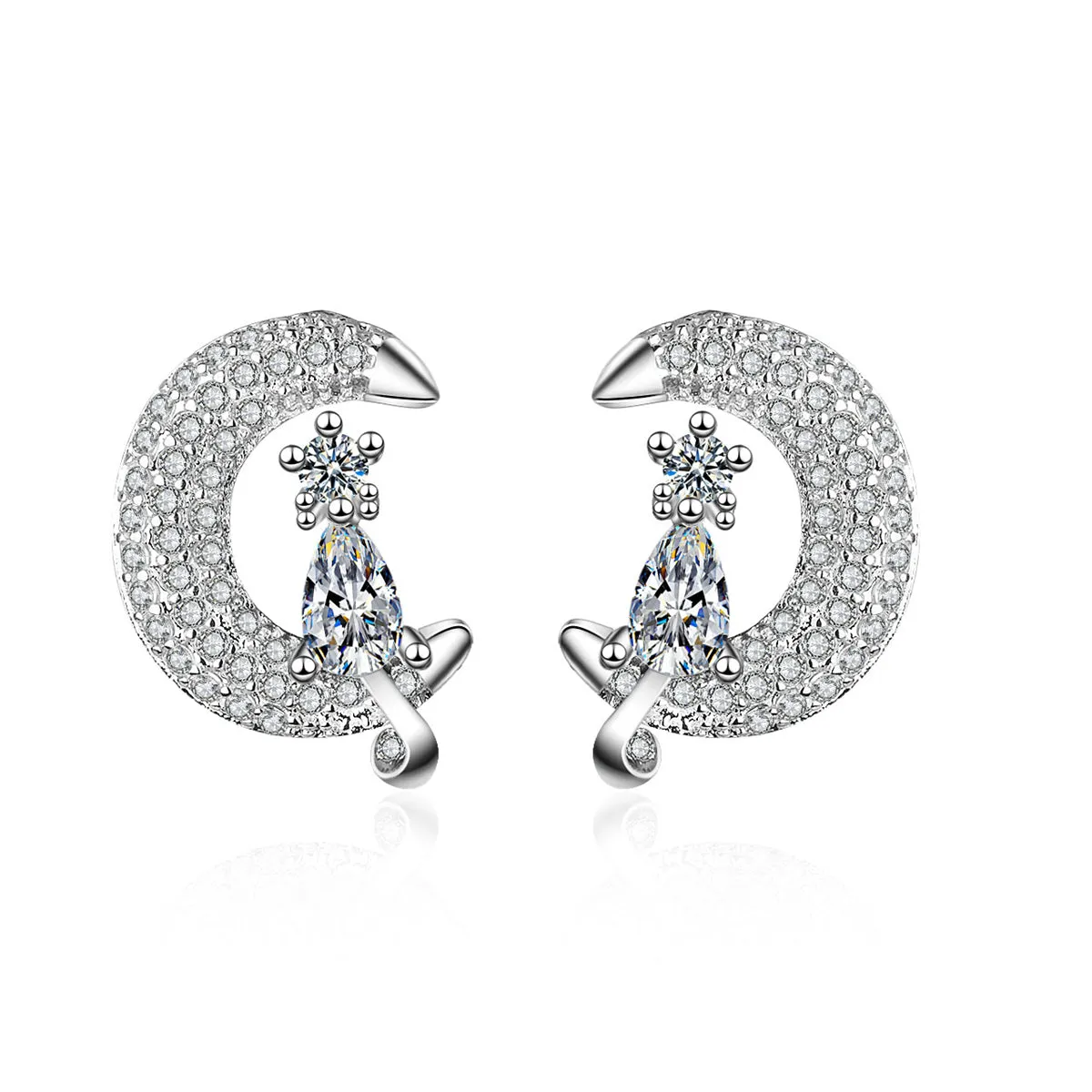 Cubic Zirconia & Crystal Silver-Plated Moon & Kitty Stud Earrings