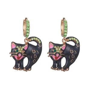 Cubic Zirconia & Enamel 18K Gold-Plated Cat Huggie Earrings