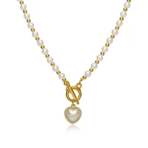 Cubic Zirconia & Pearl 18K Gold-Plate Heart Pendant Necklace