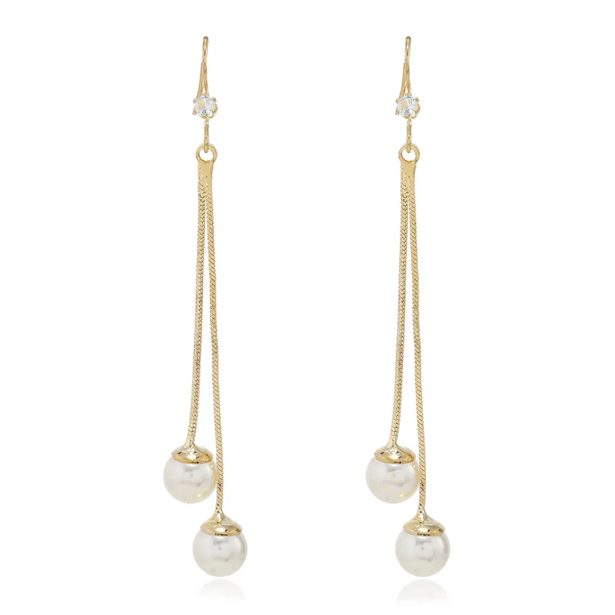 Cubic Zirconia & Pearl 18K Gold-Plated Tassel Drop Earrings