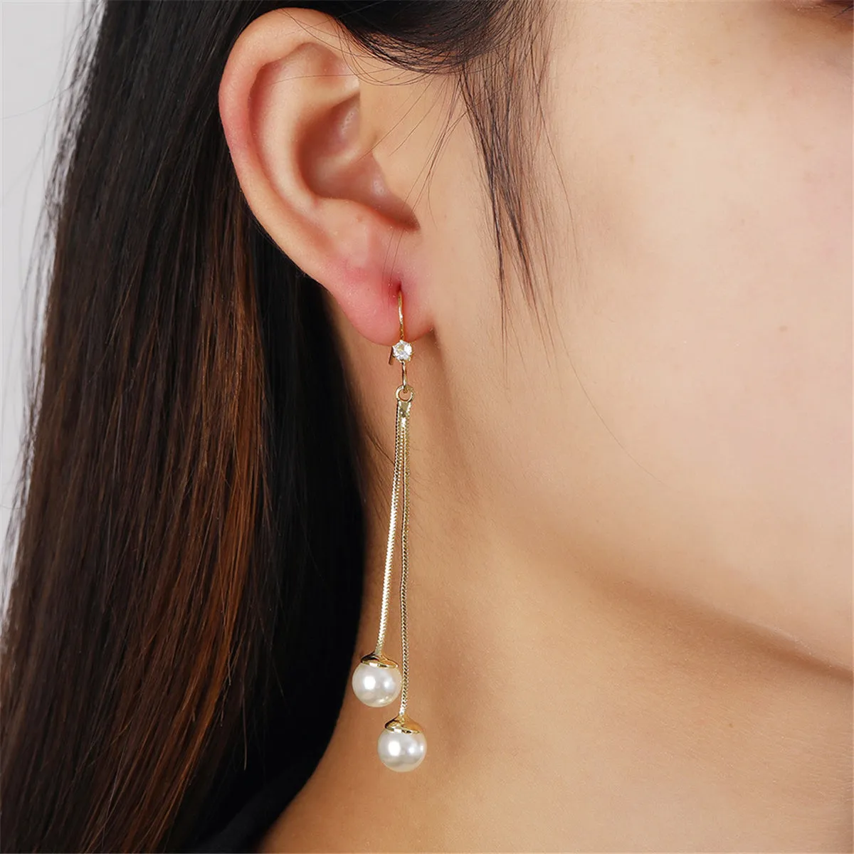 Cubic Zirconia & Pearl 18K Gold-Plated Tassel Drop Earrings
