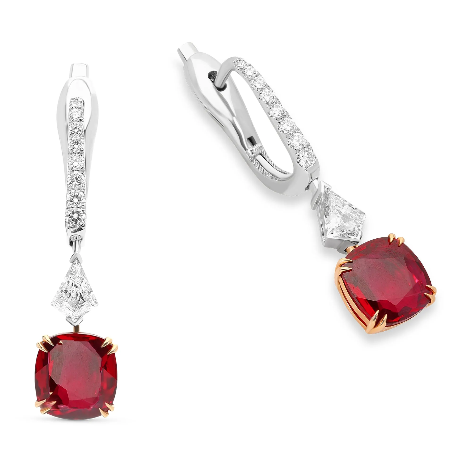 Cushion Cut Pigen Blood Ruby and Diamond Drop Earrings - 4.8 Carat