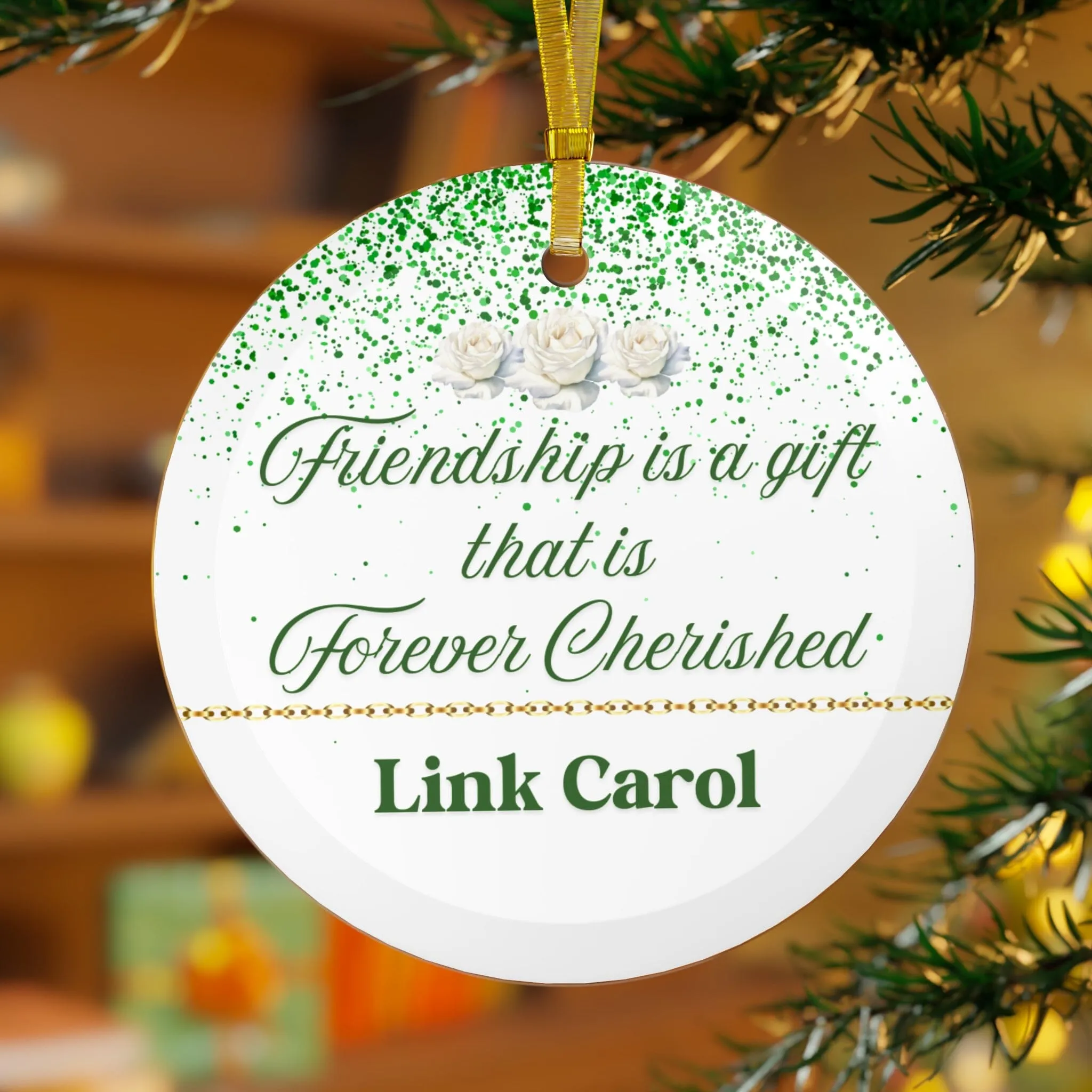 Custom Green and White Forever Cherished Glass  Ornament