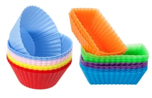 Cutequeen Trading 24pcs (12pcs Round and 12pcs Rectangular) Silicone Baking Cups/Cupcake Liners - 24-Pack Vibrant Muffin Molds in Storage Container - Never Buy Paper Cups Again(Pack of 24)