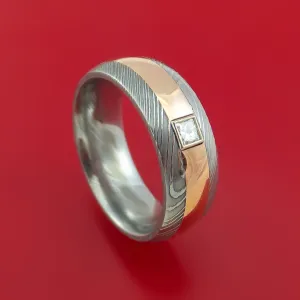 Damascus Steel and Rose Gold Band with Diamond Custom Made Ring